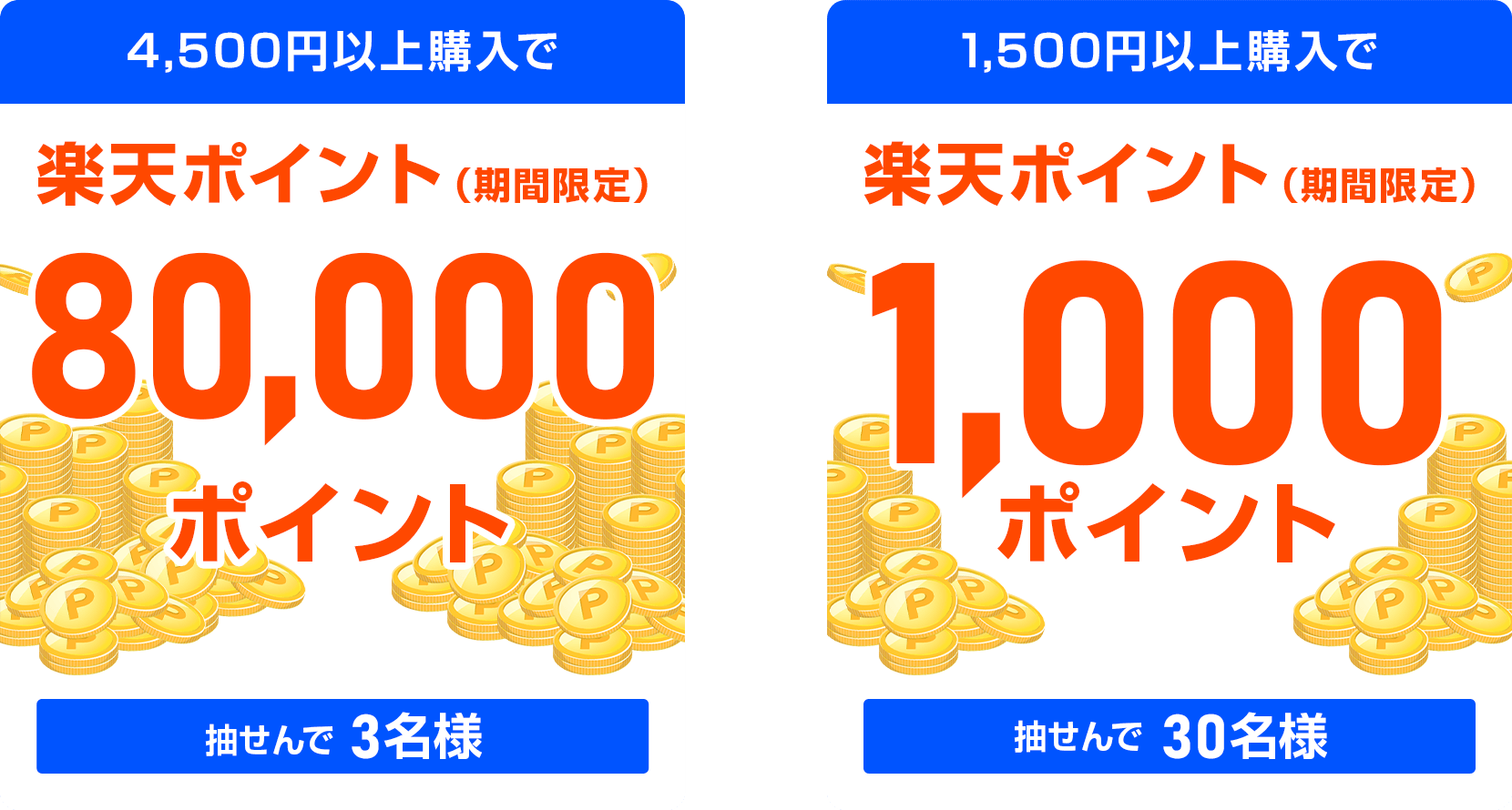 
                
                  80,000ポイント賞
                  購入金額4,500円以上購入で、楽天ポイント(期間限定)が抽せんで3名さまに
                  
                  1,000ポイント賞
                  購入金額1,500円以上購入で、楽天ポイント(期間限定)が抽せんで30名さまに
                  
                