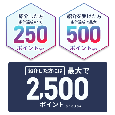 紹介した方条件達成で250ポイント、紹介を受けた方条件達成で最大500ポイント、紹介した方には最大で2,500ポイント