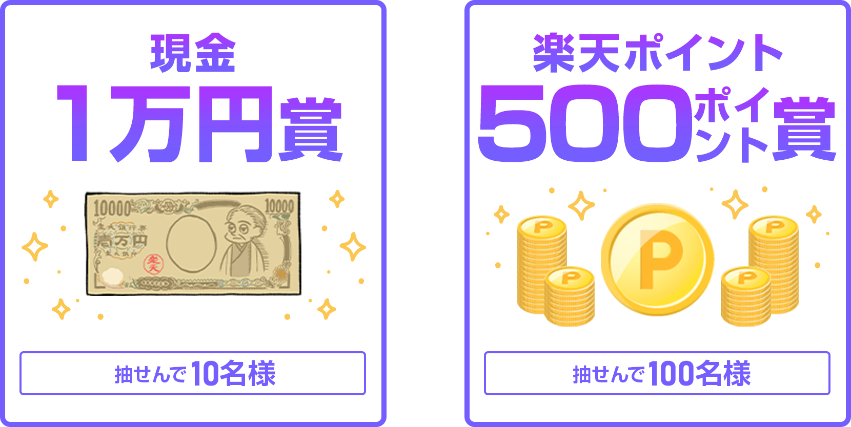 
                
                  現金1万円賞
                  抽せんで10名さまに
                  
                  500ポイント賞
                  楽天ポイント(期間限定)が、抽せんで100名さまに
                  
                