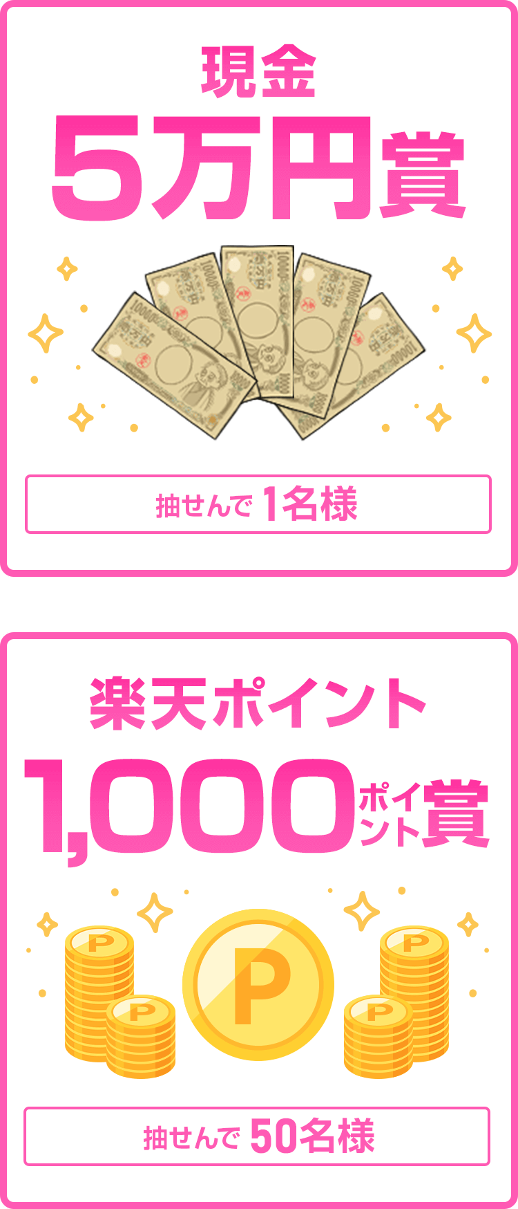 
                
                  現金5万円賞
                  条件を達成された方の中から抽せんで1名に、現金5万円を進呈いたします。
                  
                  1,000ポイント賞
                  条件を達成された方の中から抽せんで50名に、楽天ポイント1,000ポイントを期間限定ポイントで進呈いたします。
                  
                