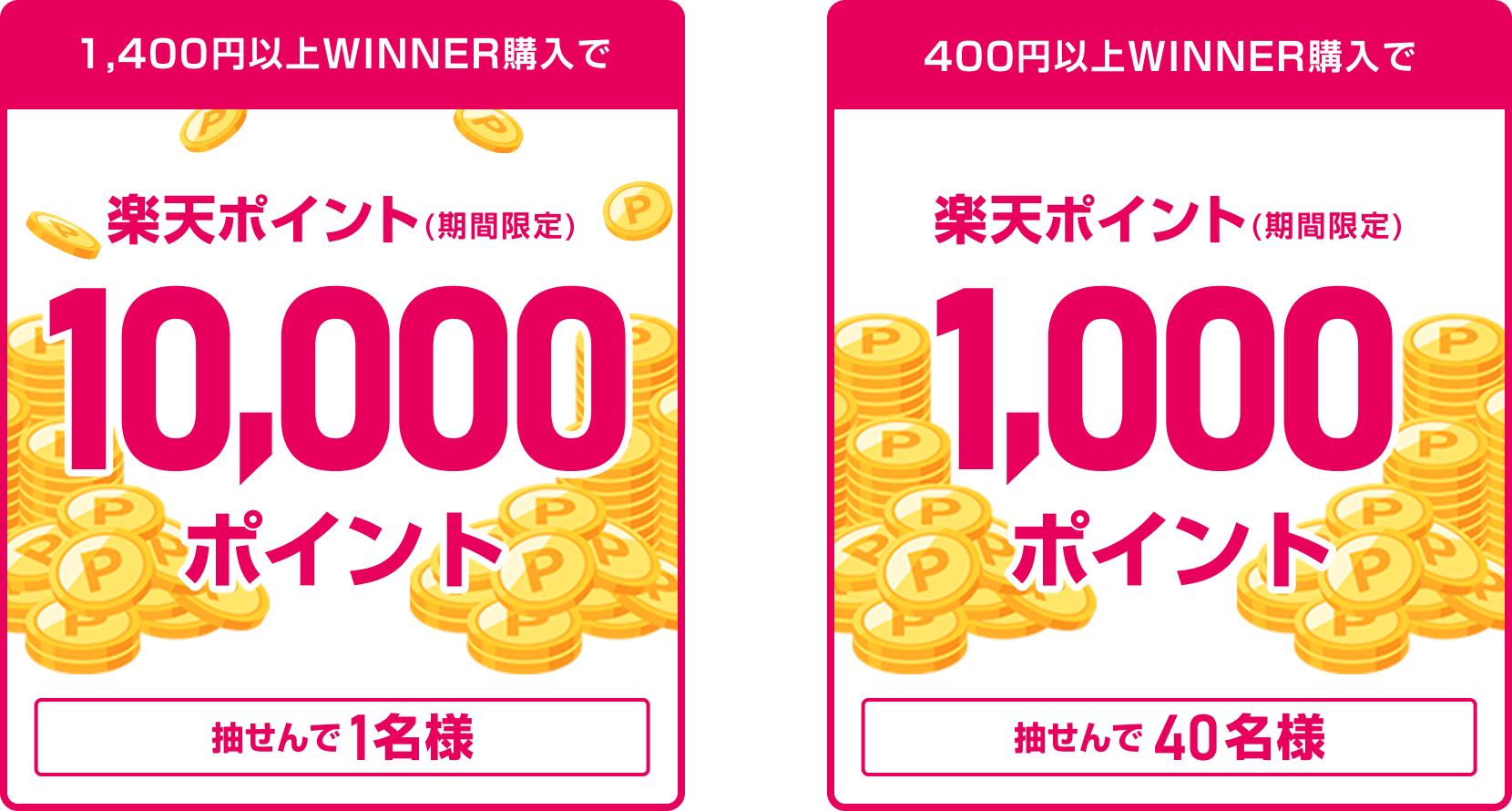 
                
                  10,000ポイント賞
                  合計1,400円以上購入された方の中から抽せんで1名様に、楽天ポイント10,000ポイント（期間限定）を進呈いたします。
                  
                  1,000ポイント賞
                  合計400円以上購入された方の中から抽せんで40名様に、楽天ポイント1,000ポイント（期間限定）を進呈いたします。
                  
                