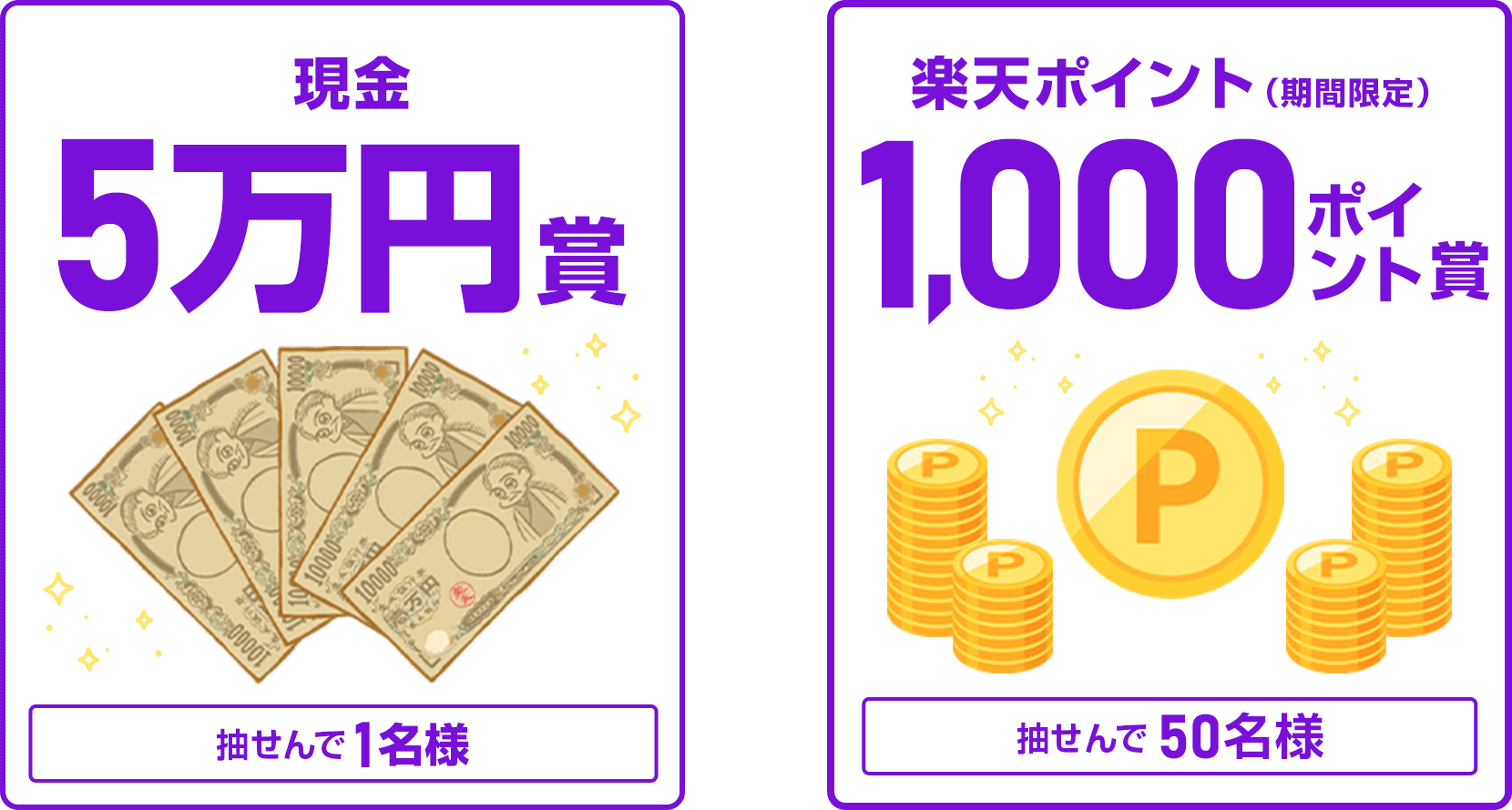 
                
                  現金5万円賞
                  条件を達成された方の中から抽せんで1名様に、現金5万円を進呈いたします。
                  
                  1,000ポイント賞
                  条件を達成された方の中から抽せんで50名様に、楽天ポイント1,000ポイントを期間限定ポイントで進呈いたします。
                  
                