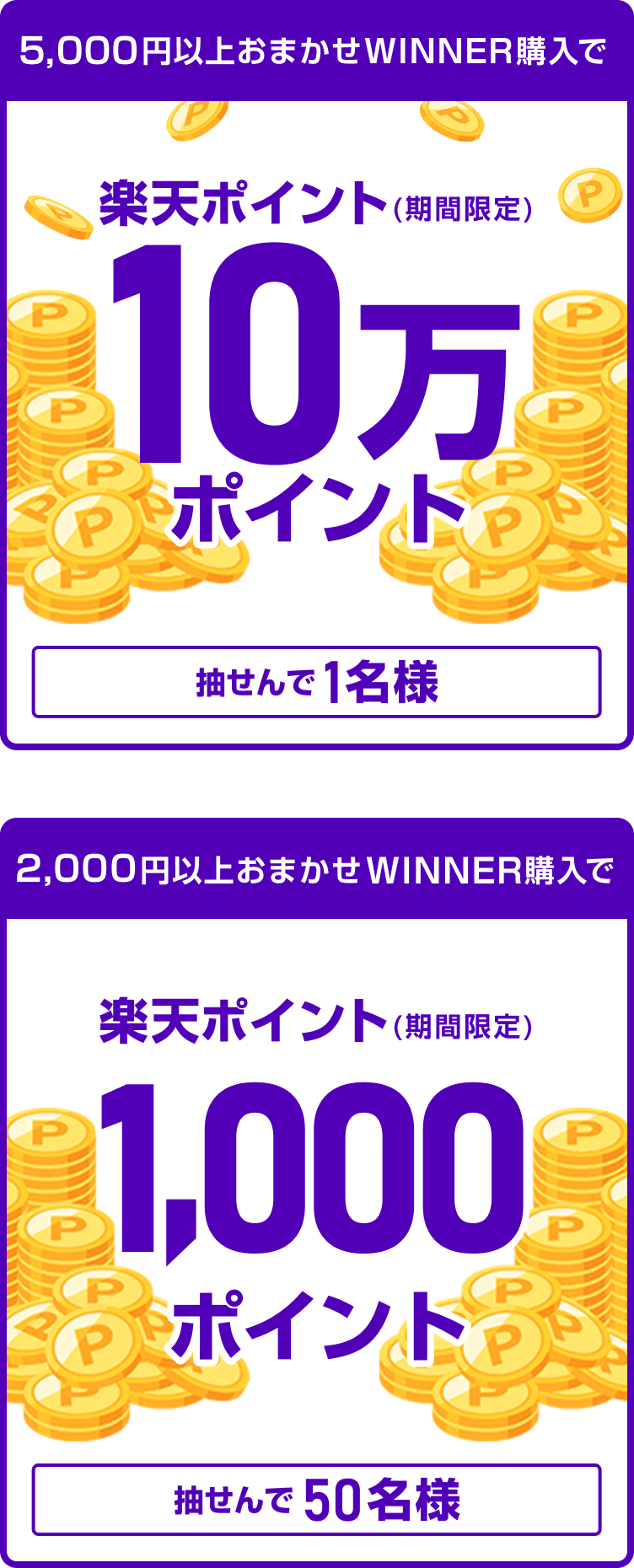 
                
                  10万ポイント賞
                  条件を達成された方の中から抽せんで1名様に、楽天ポイント10万ポイントを期間限定ポイントで進呈いたします。
                  
                  1,000ポイント賞
                  条件を達成された方の中から抽せんで50名様に、楽天ポイント1,000ポイントを期間限定ポイントで進呈いたします。
                  
                