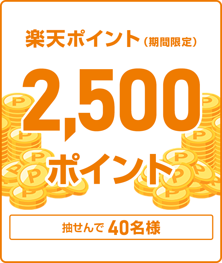 
                
                  2,500ポイント賞
                  抽せんで40名様に、楽天ポイント2,500ポイントを期間限定ポイントで進呈いたします。
                  
                