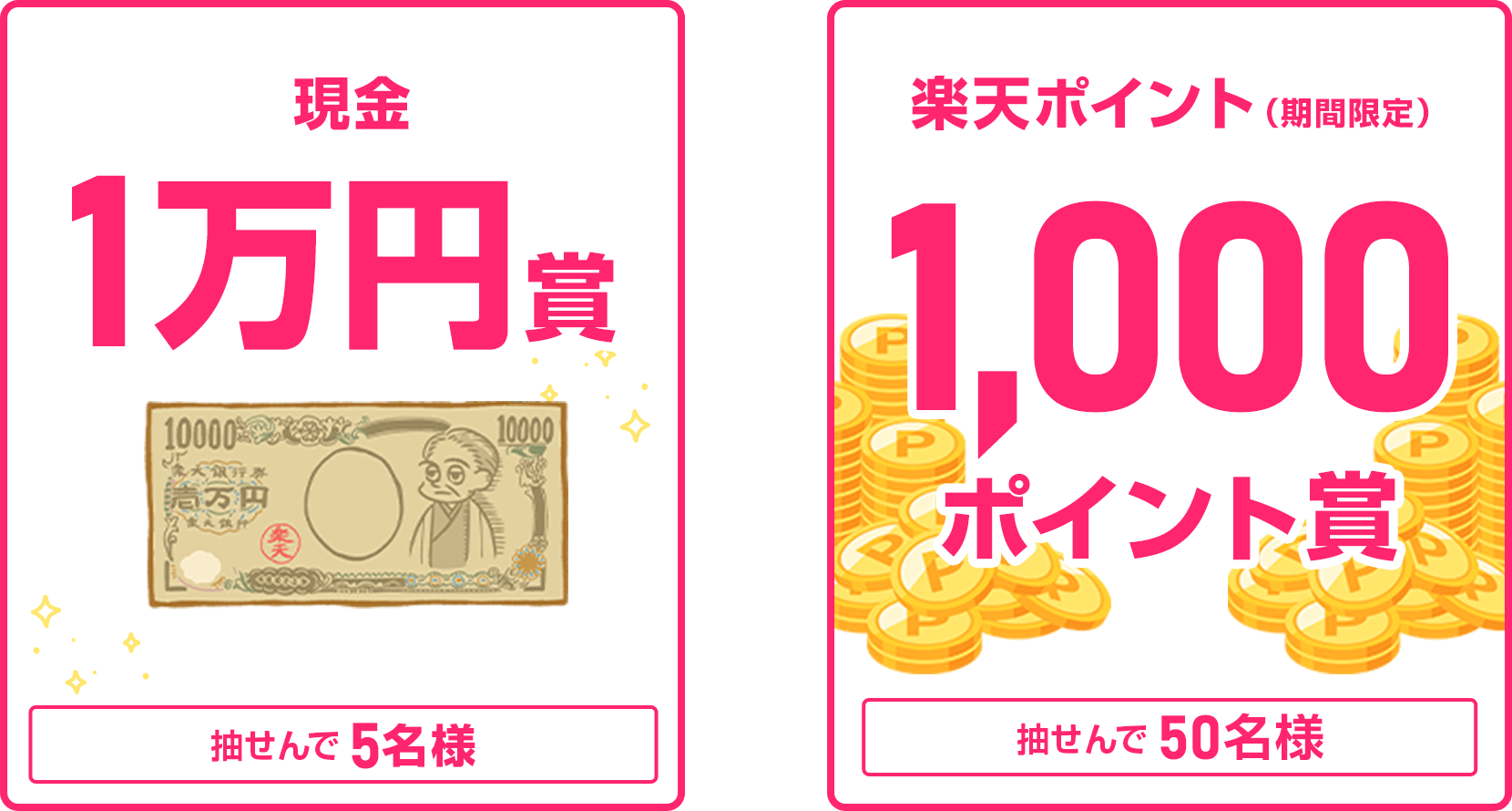 
                
                  現金1万円賞
                  条件を達成した方の中から抽せんで5名様に現金1万円を進呈いたします。
                  
                  1,000ポイント賞
                  条件を達成された方の中から抽せんで50名様に、楽天ポイント1,000ポイントを期間限定ポイントで進呈いたします。
                  
                