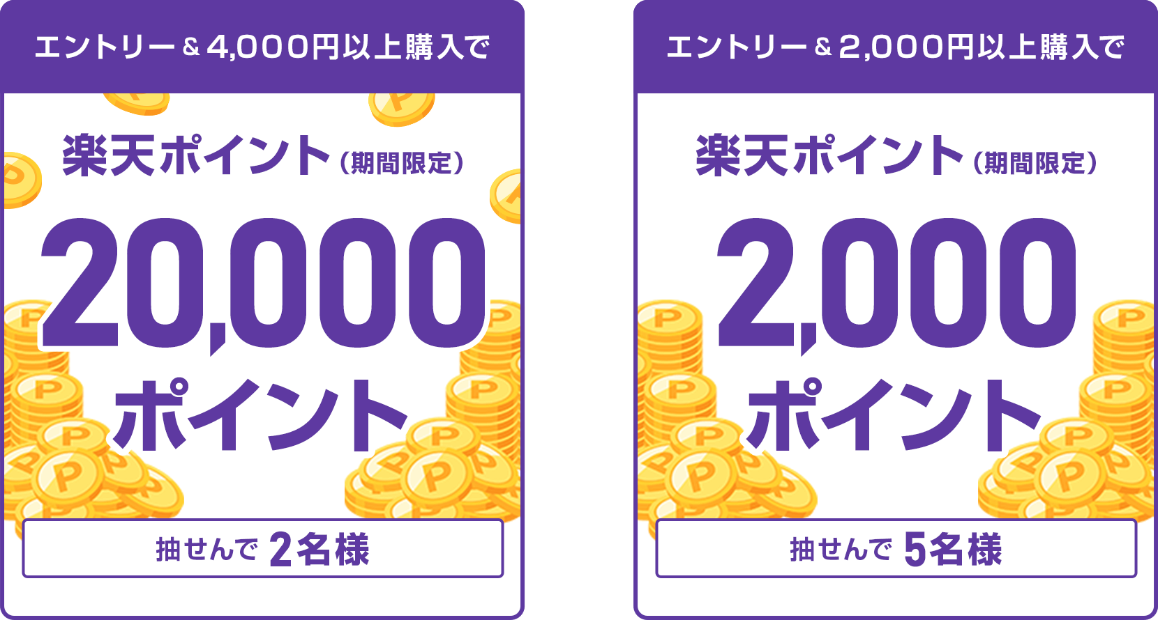 
                
                  20,000ポイント賞
                  条件を達成された方の中から抽せんで2名様に、楽天ポイント20,000ポイント（期間限定）を進呈いたします。
                  
                  2,000ポイント賞
                  条件を達成された方の中から抽せんで5名様に、楽天ポイント2,000ポイント（期間限定）を進呈いたします。
                  
                