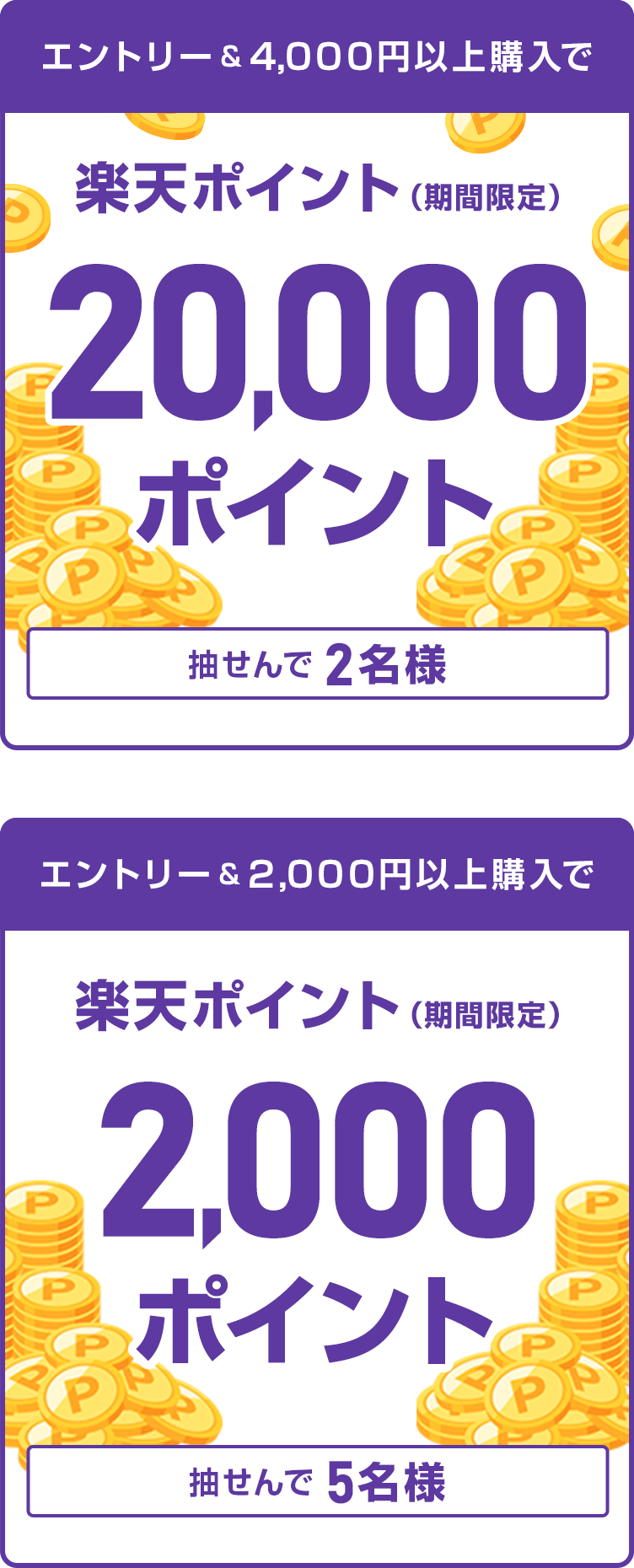 
                
                  20,000ポイント賞
                  条件を達成された方の中から抽せんで2名様に、楽天ポイント20,000ポイント（期間限定）を進呈いたします。
                  
                  2,000ポイント賞
                  条件を達成された方の中から抽せんで5名様に、楽天ポイント2,000ポイント（期間限定）を進呈いたします。
                  
                