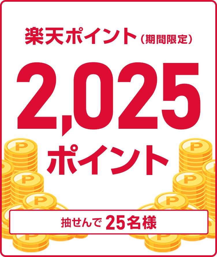 
                
                  2,025ポイント賞
                  抽せんで25名様に、楽天ポイント2,025ポイントを期間限定ポイントで進呈いたします。
                  
                