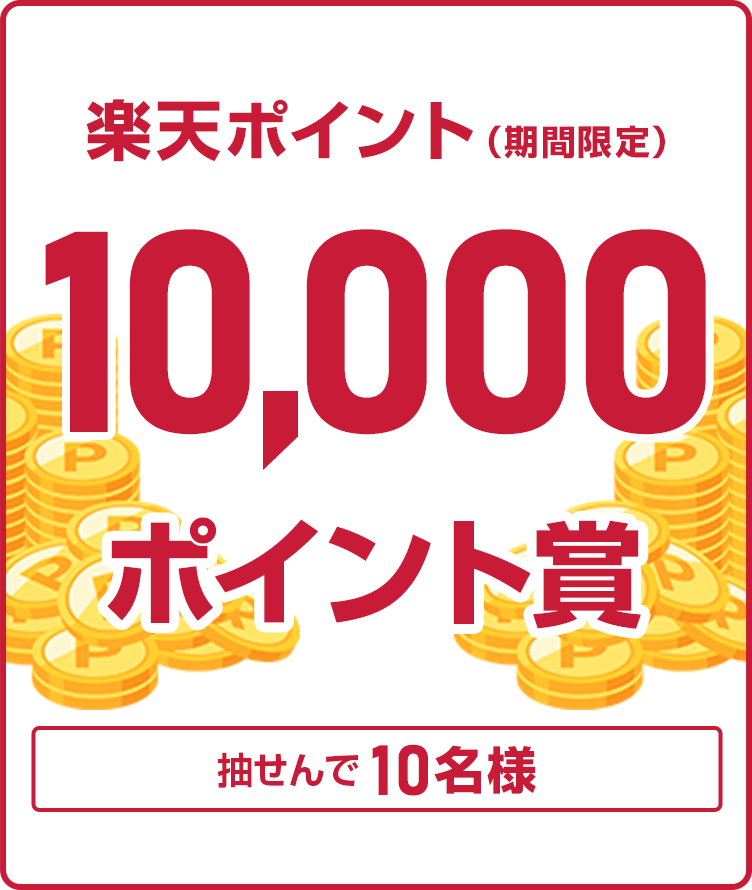 
                
                  10,000ポイント賞
                  抽せんで10名様に、楽天ポイント10,000ポイントを期間限定ポイントで進呈いたします。
                  
                