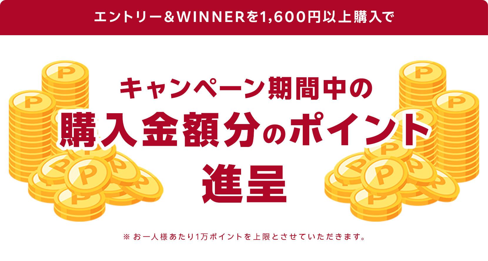
                
                  最大100％ポイントバック賞
                  キャンペーン期間中の購入金額分のポイントを進呈します。※お一人様あたり1万ポイントを上限とさせていただきます。
                  
                