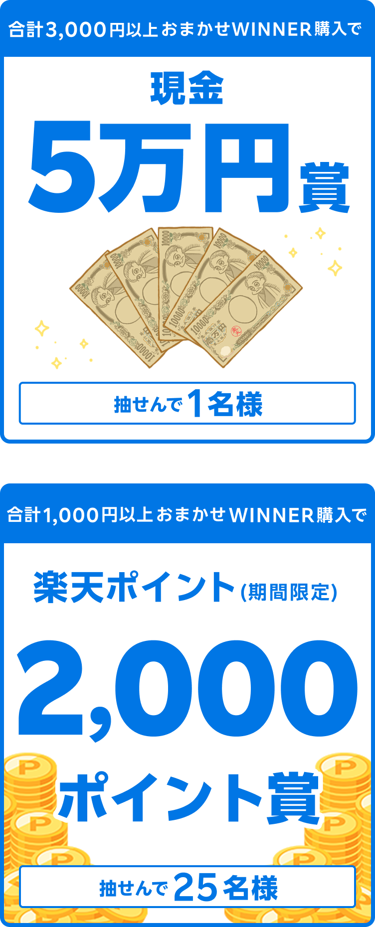 
                
                  現金5万円賞
                  購入対象期間のおまかせWINNER購入分について、合計3,000円以上購入された方の中から抽せんで1名様に、現金5万円を進呈いたします。
                  
                  2,000ポイント賞
                  購入対象期間のおまかせWINNER購入分について、合計1,000円以上購入された方の中から抽せんで25名様に、楽天ポイント2,000ポイントを期間限定ポイントで進呈いたします。
                  
                