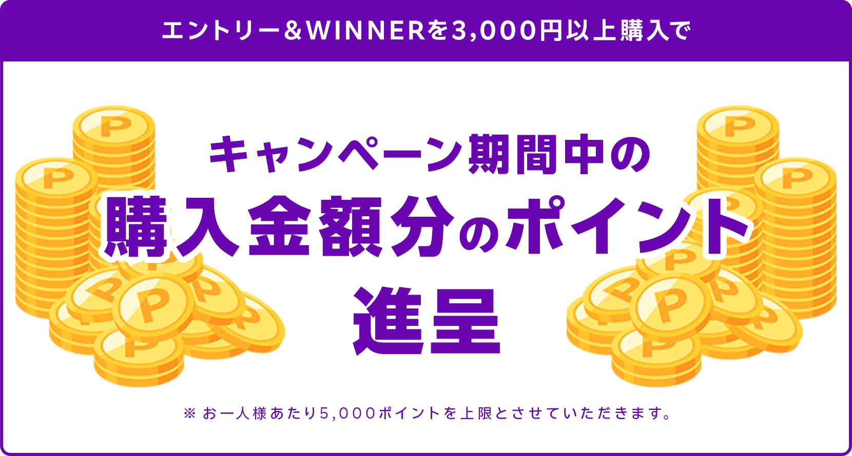 
                
                  最大100％ポイントバック賞
                  キャンペーン期間中の購入金額分のポイントを進呈します。※お一人様あたり5,000ポイントを上限とさせていただきます。
                  
                