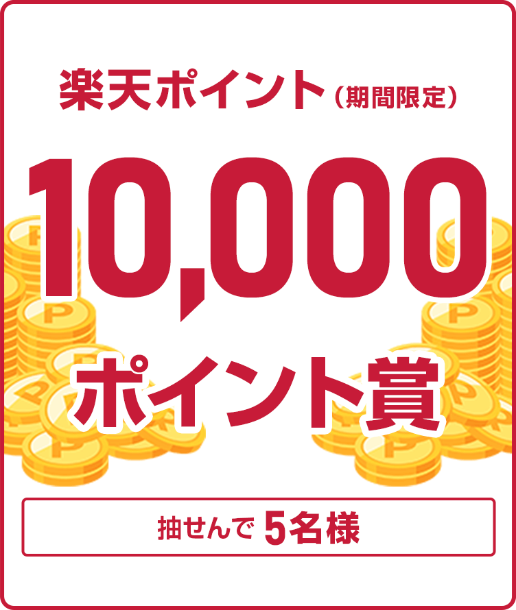 
                
                  10,000ポイント賞
                  抽せんで5名様に、楽天ポイント10,000ポイントを期間限定ポイントで進呈いたします。
                  
                