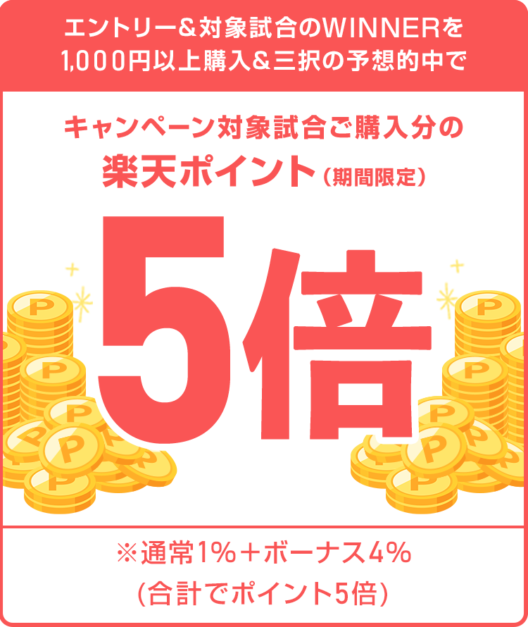 
                
                  ポイント5倍賞
                  「2025年9月20日(土)開催　明治安田J1リーグ　第30節　浦和 VS 鹿島」の購入合計金額に対して通常1％に加え、ボーナス4％（合計でポイント5倍）を楽天ポイント（期間限定）で付与
                  
                