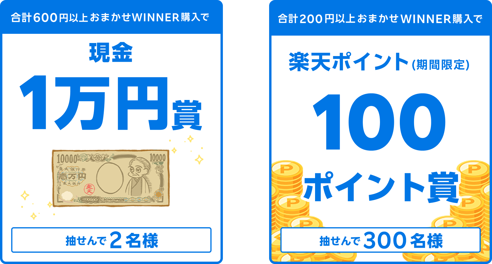 
                
                  現金10,000円賞
                  購入対象期間のおまかせWINNER購入分について、合計600円以上購入された方の中から抽せんで2名様に、現金10,000円を進呈いたします。
                  
                  100ポイント賞
                  購入対象期間のおまかせWINNER購入分について、合計200円以上購入された方の中から抽せんで300名様に、楽天ポイント100ポイントを期間限定ポイントで進呈いたします。
                  
                
