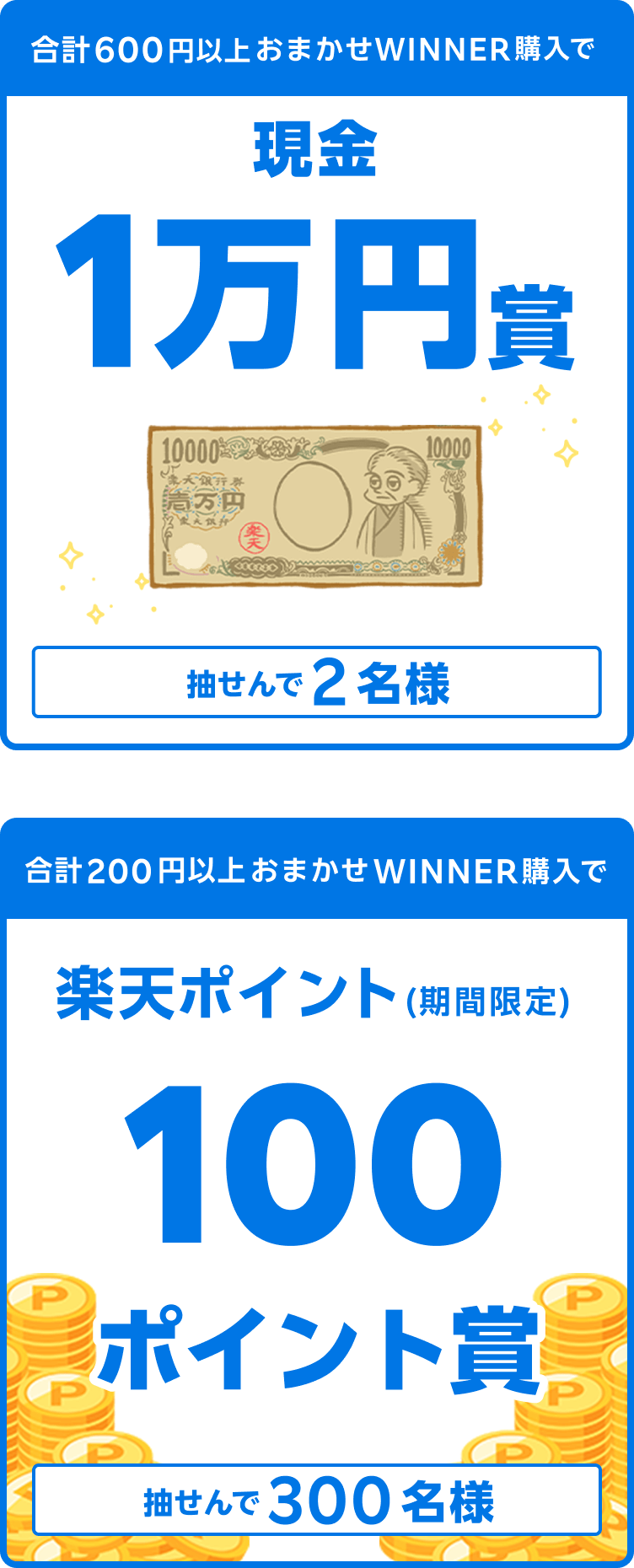 
                
                  現金10,000円賞
                  購入対象期間のおまかせWINNER購入分について、合計600円以上購入された方の中から抽せんで2名様に、現金10,000円を進呈いたします。
                  
                  100ポイント賞
                  購入対象期間のおまかせWINNER購入分について、合計200円以上購入された方の中から抽せんで300名様に、楽天ポイント100ポイントを期間限定ポイントで進呈いたします。
                  
                