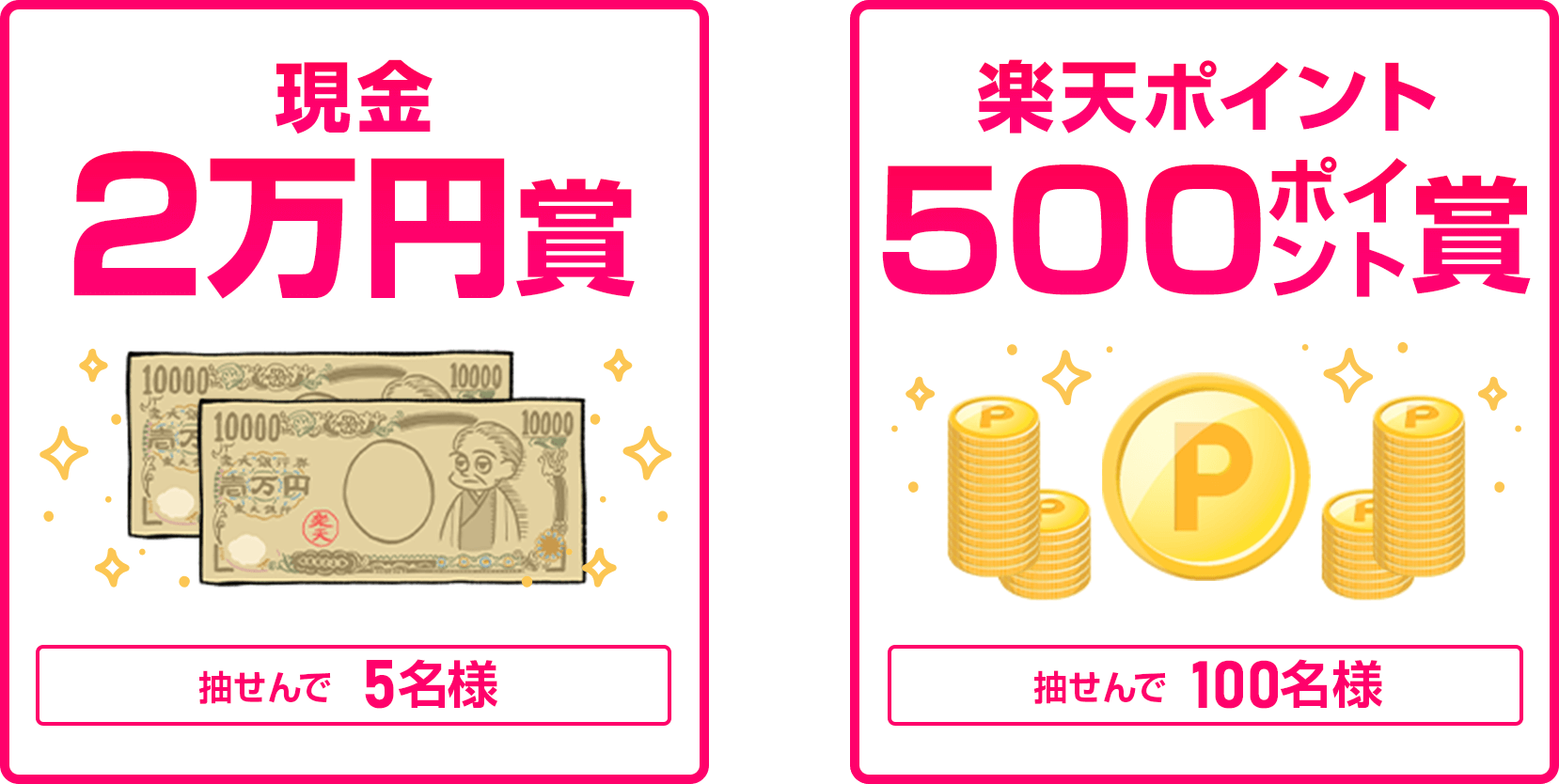 
                
                  現金2万円賞
                  抽せんで5名さまに
                  
                  500ポイント賞
                  抽せんで100名さまに
                  
                